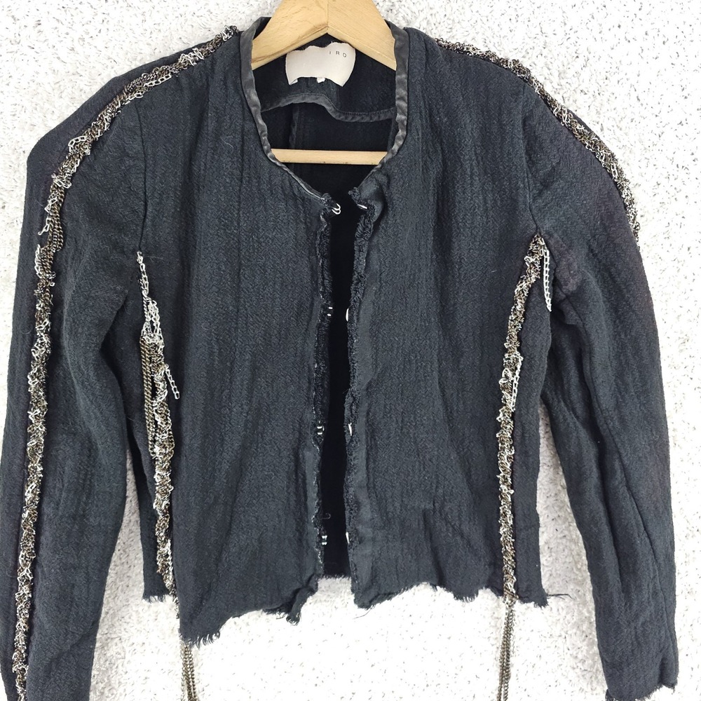 IRO Chains Fringed Black Jacket Cardigan Size‎ 1 Boho Clasp Frayed Festival